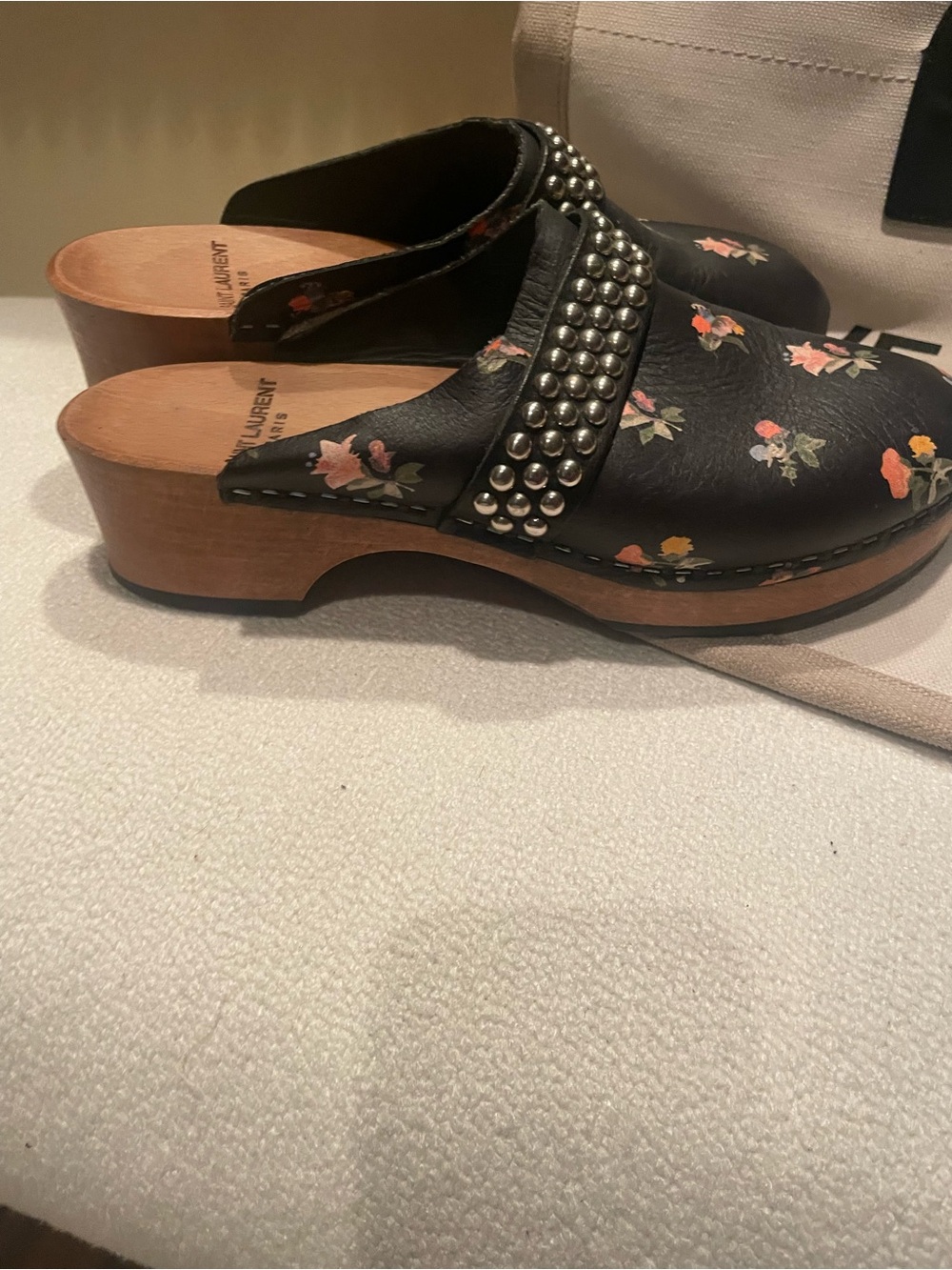 Saint Laurent Black Floral Leather Studded Mule Clogs - Picture 2 of 3